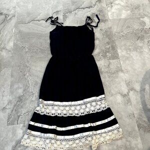 1970s True Vintage‎ Navy Blue Pleated Peasant Tank Tie Strap Dress Medium